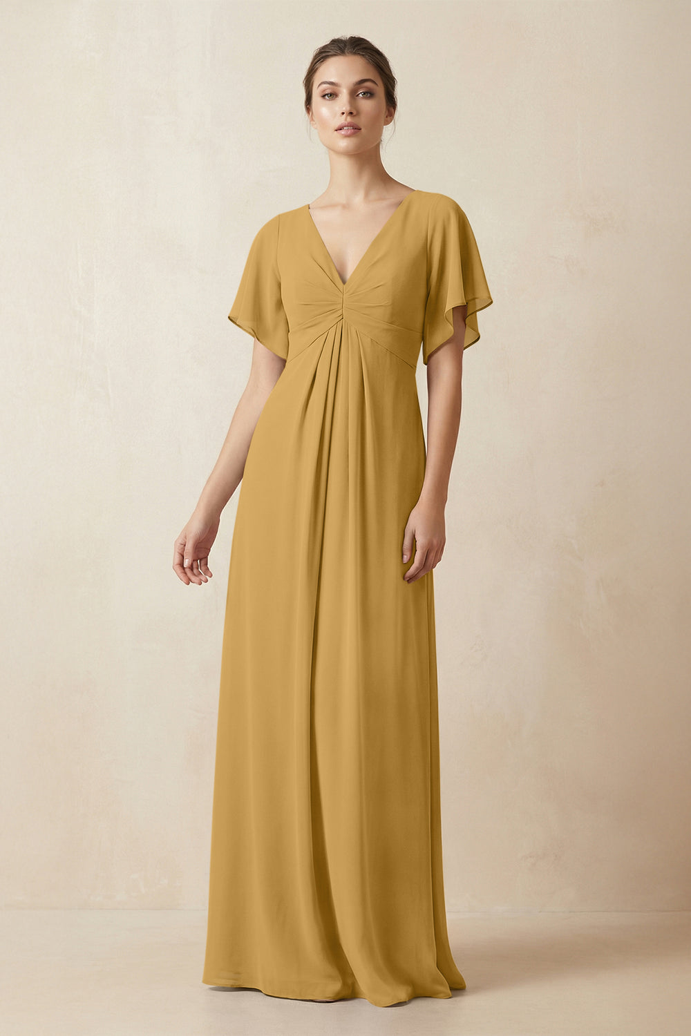 Short Sleeve V-Neck Chiffon A-Line Bridesmaid Dress in Marigold