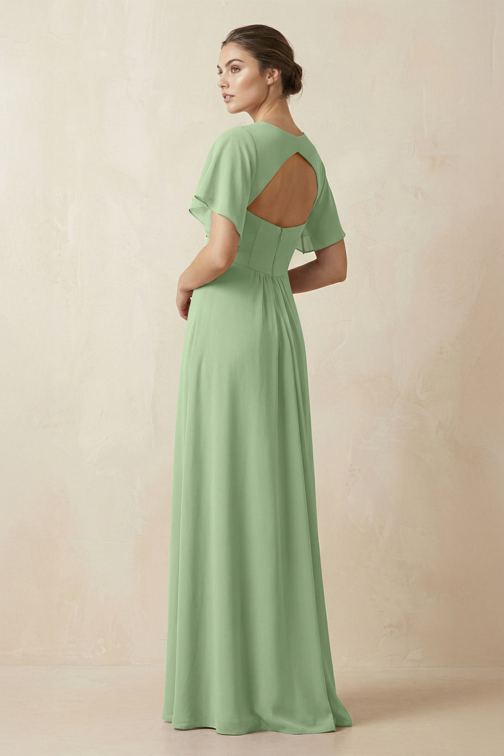 Short Sleeve V-Neck Chiffon A-Line Bridesmaid Dress in Matcha
