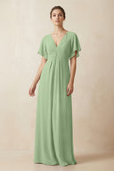 Short Sleeve V-Neck Chiffon A-Line Bridesmaid Dress in Matcha | KISSBRIDAL