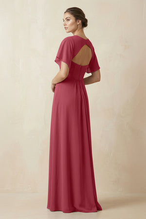 Short Sleeve V-Neck Chiffon A-Line Bridesmaid Dress in Merlot (2) | KISSBRIDAL
