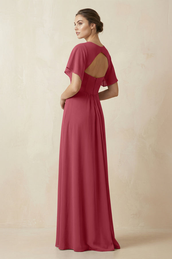Short Sleeve V-Neck Chiffon A-Line Bridesmaid Dress in Merlot (2) | KISSBRIDAL