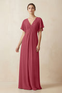 Short Sleeve V-Neck Chiffon A-Line Bridesmaid Dress in Merlot | KISSBRIDAL