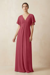 Short Sleeve V-Neck Chiffon A-Line Bridesmaid Dress in Merlot | KISSBRIDAL