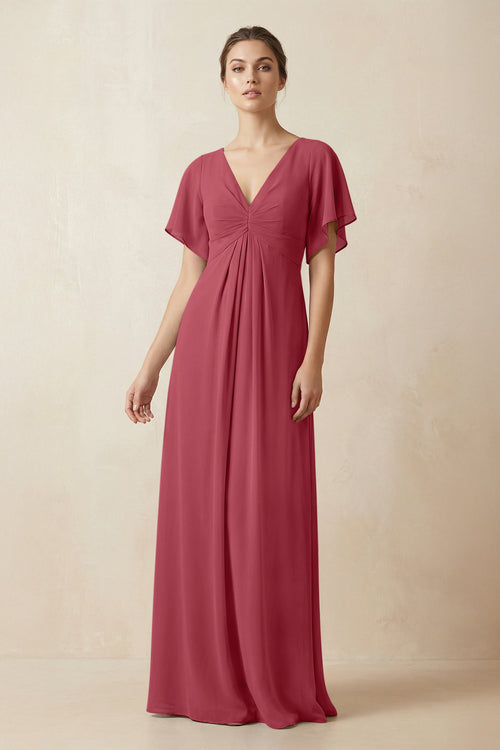 Short Sleeve V-Neck Chiffon A-Line Bridesmaid Dress in Merlot | KISSBRIDAL