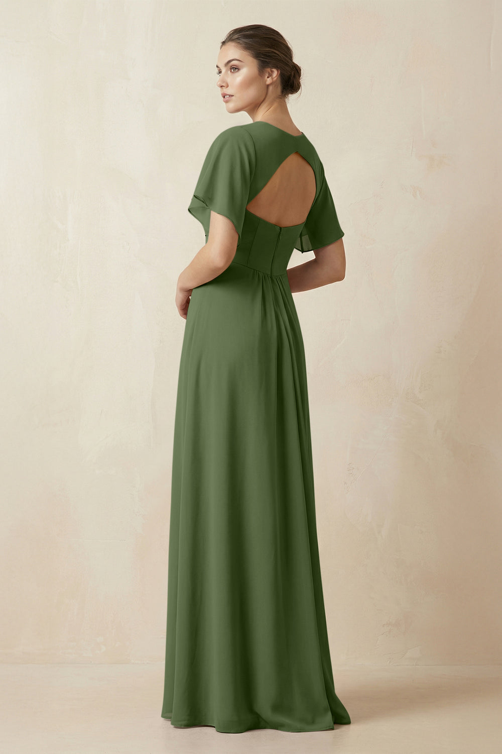 Short Sleeve V-Neck Chiffon A-Line Bridesmaid Dress in Moss