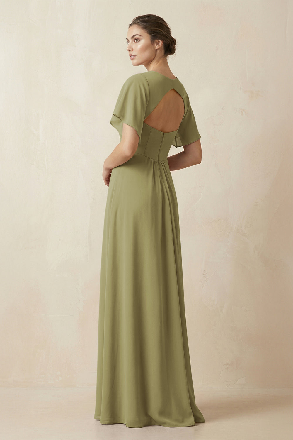Short Sleeve V-Neck Chiffon A-Line Bridesmaid Dress in Moss Green