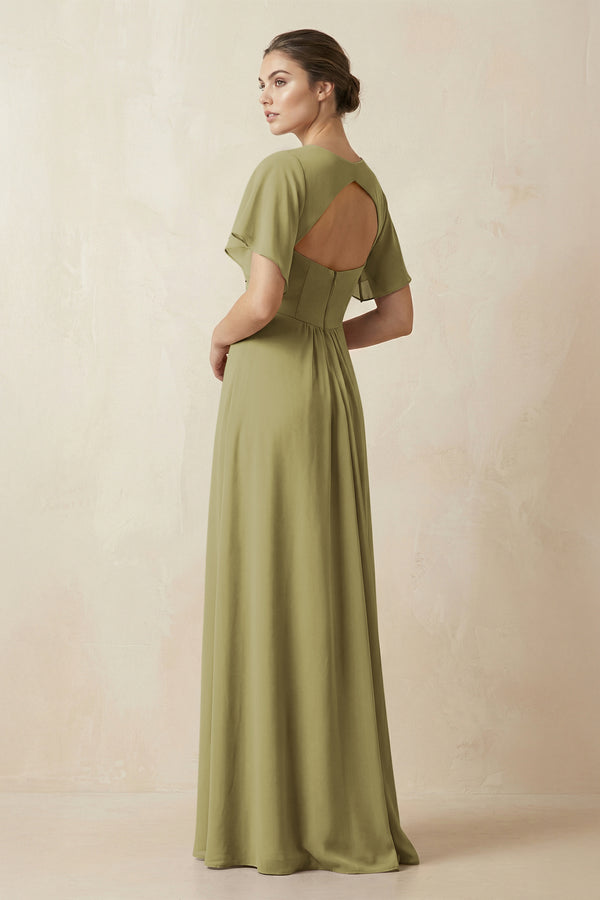 Short Sleeve V-Neck Chiffon A-Line Bridesmaid Dress in Moss Green (2) | KISSBRIDAL