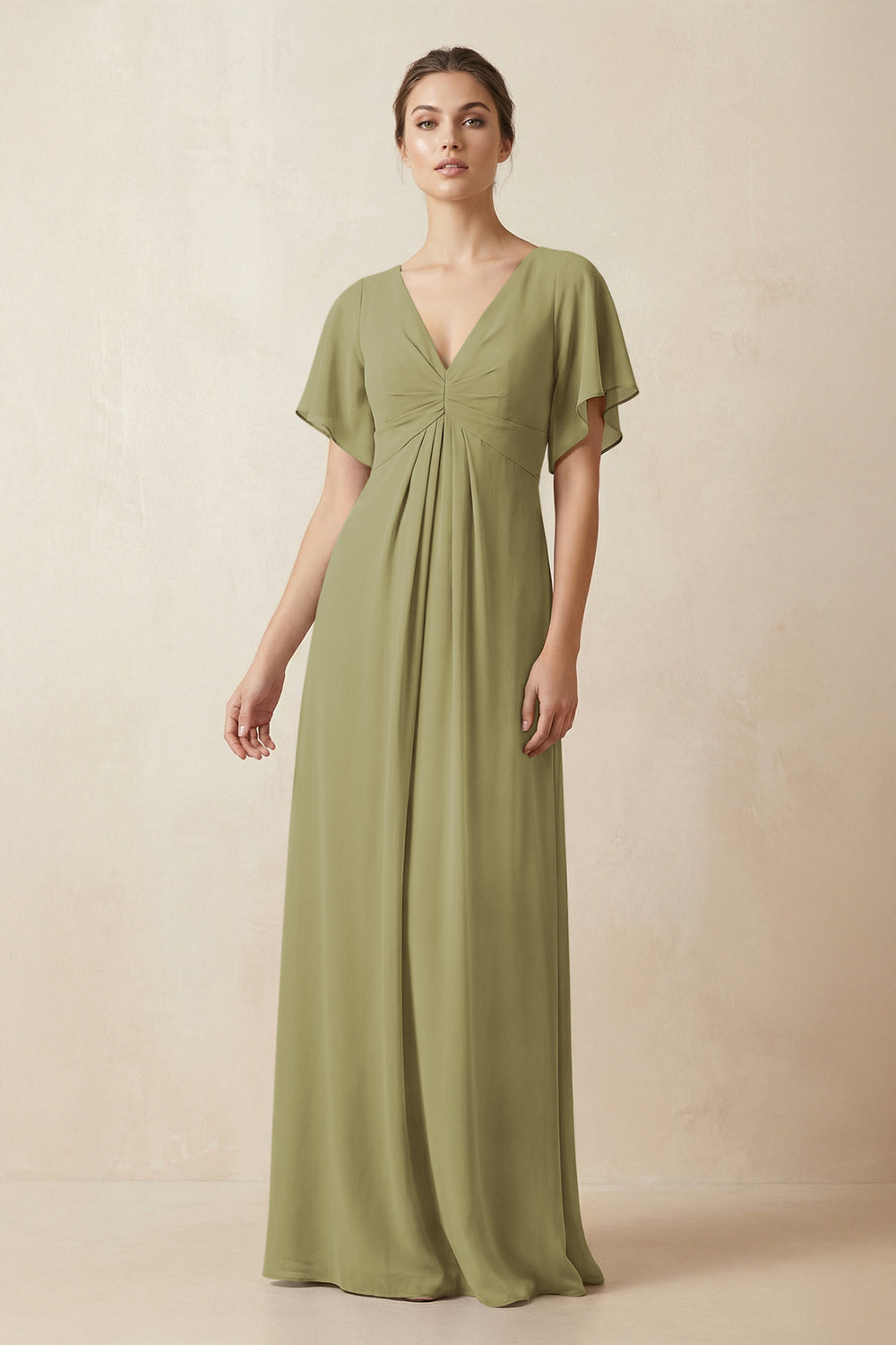 Short Sleeve V-Neck Chiffon A-Line Bridesmaid Dress in Moss Green