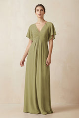 Short Sleeve V-Neck Chiffon A-Line Bridesmaid Dress in Moss Green | KISSBRIDAL