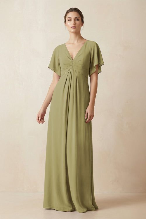 Short Sleeve V-Neck Chiffon A-Line Bridesmaid Dress in Moss Green | KISSBRIDAL