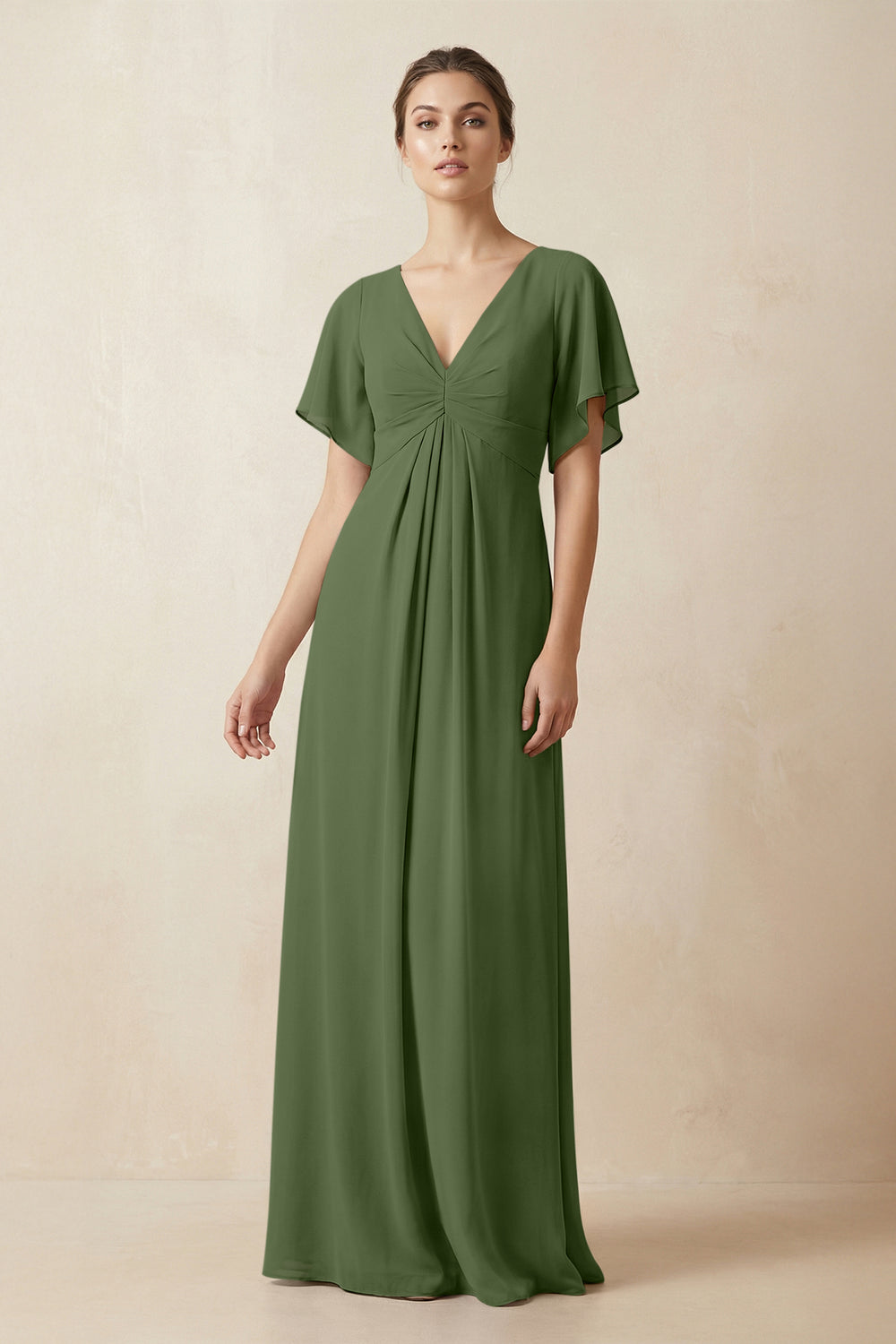 Short Sleeve V-Neck Chiffon A-Line Bridesmaid Dress in Moss