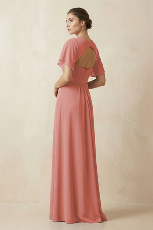 Short Sleeve V-Neck Chiffon A-Line Bridesmaid Dress in Mulberry (2) | KISSBRIDAL