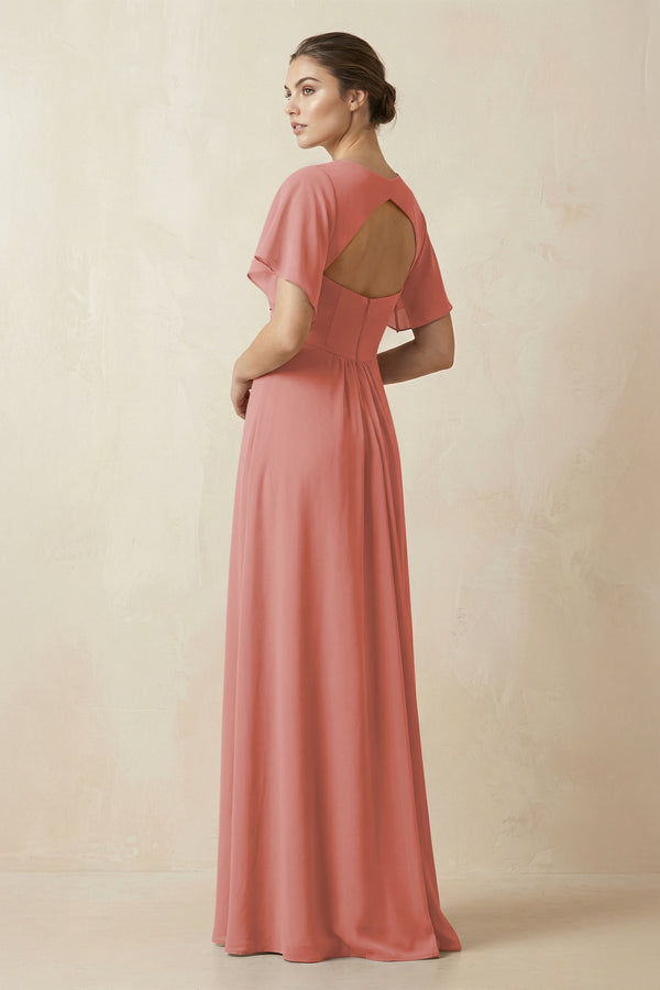 Short Sleeve V-Neck Chiffon A-Line Bridesmaid Dress in Mulberry (2) | KISSBRIDAL