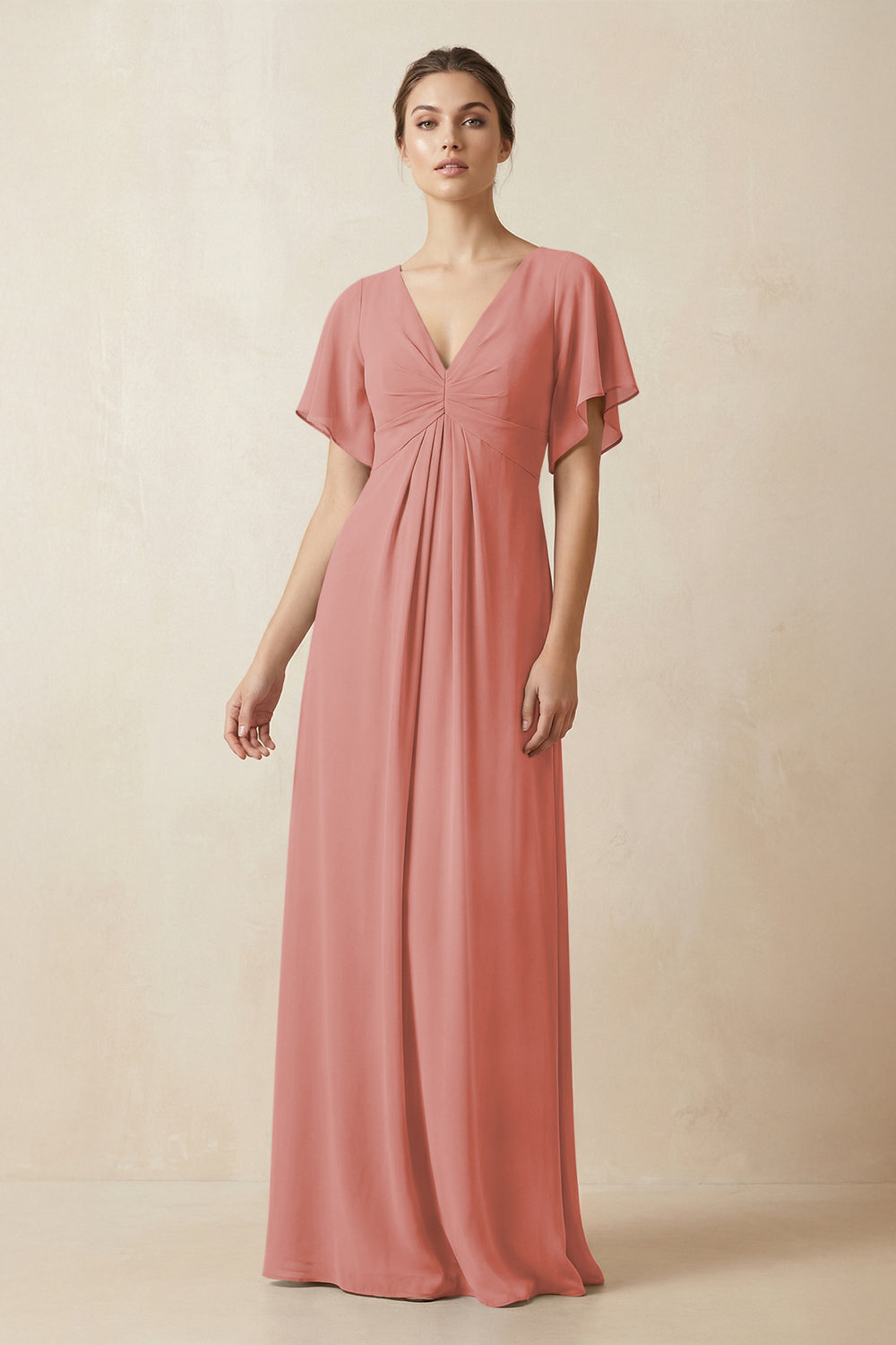 Short Sleeve V-Neck Chiffon A-Line Bridesmaid Dress in Mulberry