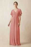 Short Sleeve V-Neck Chiffon A-Line Bridesmaid Dress in Mulberry | KISSBRIDAL