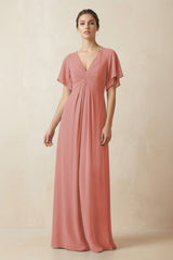 Short Sleeve V-Neck Chiffon A-Line Bridesmaid Dress in Mulberry | KISSBRIDAL