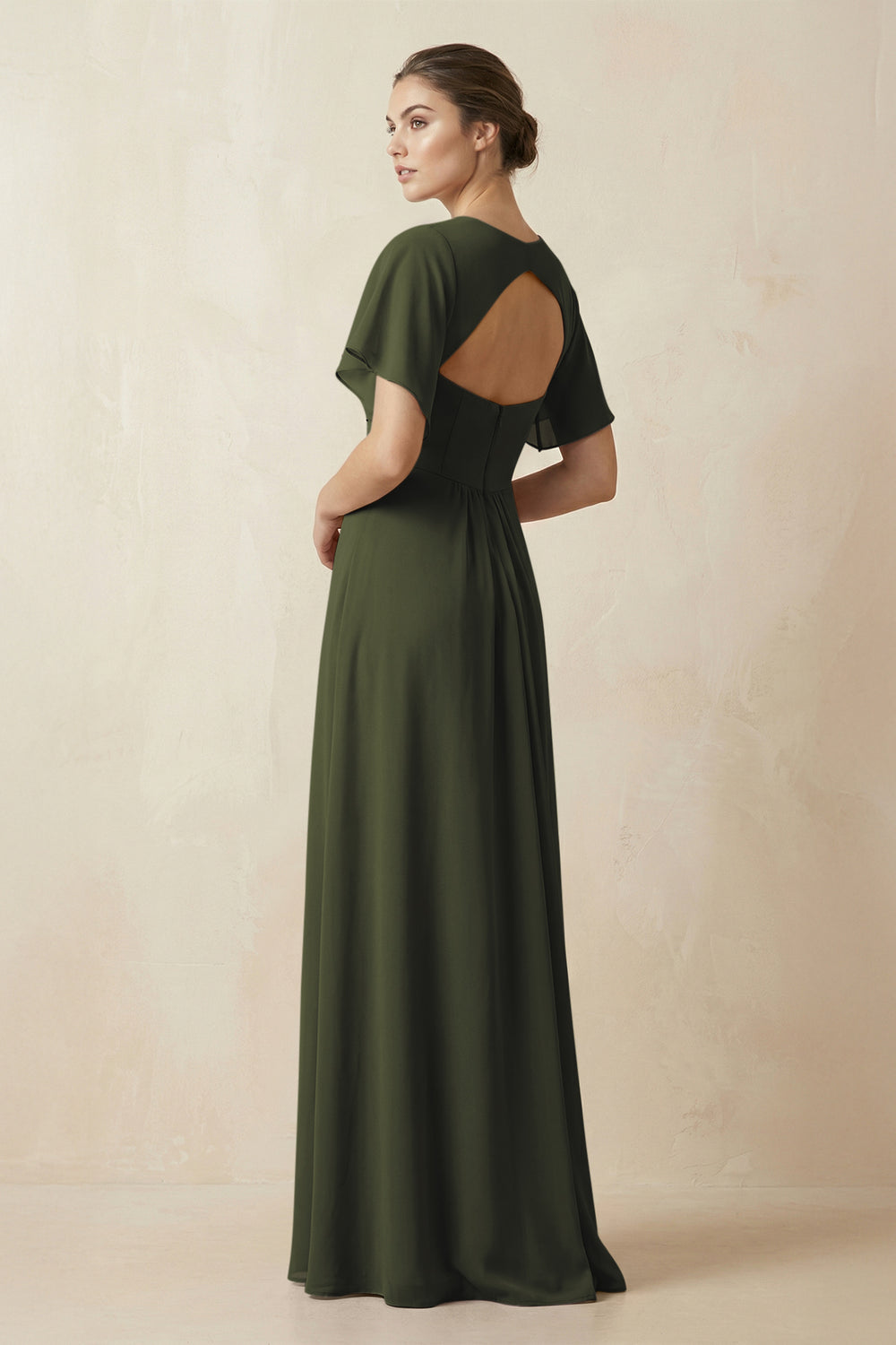 Short Sleeve V-Neck Chiffon A-Line Bridesmaid Dress in Olive