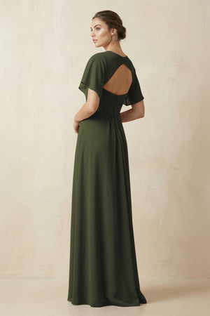 Short Sleeve V-Neck Chiffon A-Line Bridesmaid Dress in Olive (2) | KISSBRIDAL