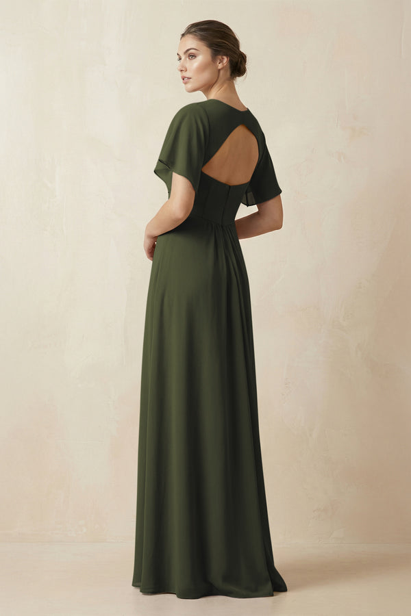 Short Sleeve V-Neck Chiffon A-Line Bridesmaid Dress in Olive (2) | KISSBRIDAL