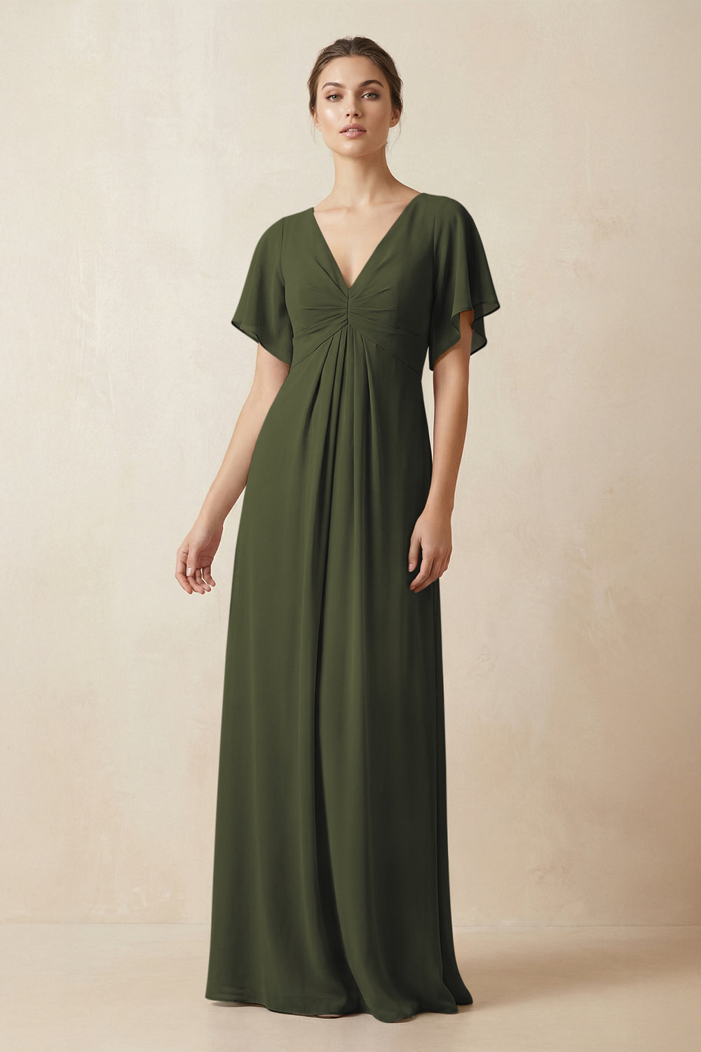 Short Sleeve V-Neck Chiffon A-Line Bridesmaid Dress in Olive