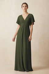 Short Sleeve V-Neck Chiffon A-Line Bridesmaid Dress in Olive | KISSBRIDAL