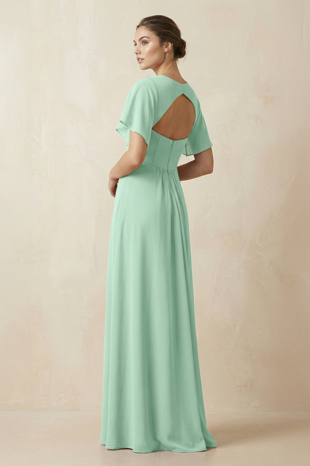 Short Sleeve V-Neck Chiffon A-Line Bridesmaid Dress in Pale Pistachio