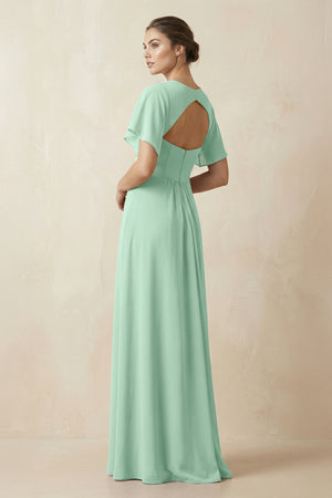 Short Sleeve V-Neck Chiffon A-Line Bridesmaid Dress in Pale Pistachio (2) | KISSBRIDAL