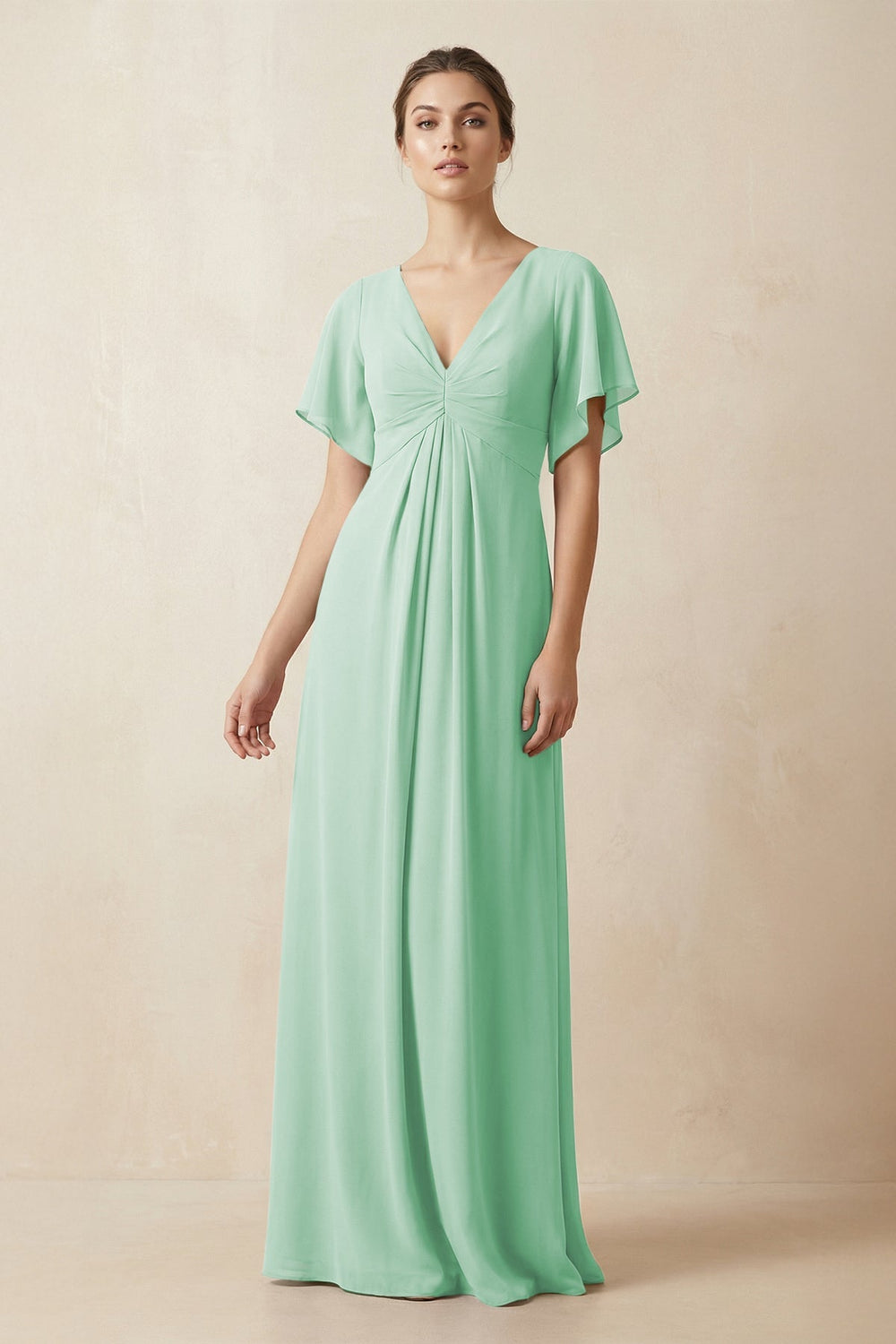 Short Sleeve V - Neck Chiffon A - Line Bridesmaid Dress in Pale Pistachio - KISS BRIDAL Bridesmaid Dresses