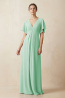 Short Sleeve V - Neck Chiffon A - Line Bridesmaid Dress in Pale Pistachio - SHE IS ME Bridesmaid Dresses