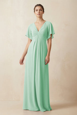 Short Sleeve V - Neck Chiffon A - Line Bridesmaid Dress in Pale Pistachio - SHE IS ME Bridesmaid Dresses