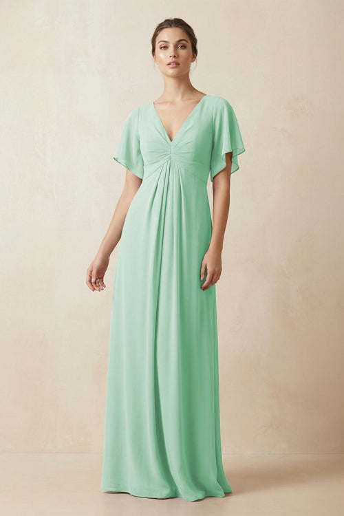 Short Sleeve V - Neck Chiffon A - Line Bridesmaid Dress in Pale Pistachio - SHE IS ME Bridesmaid Dresses