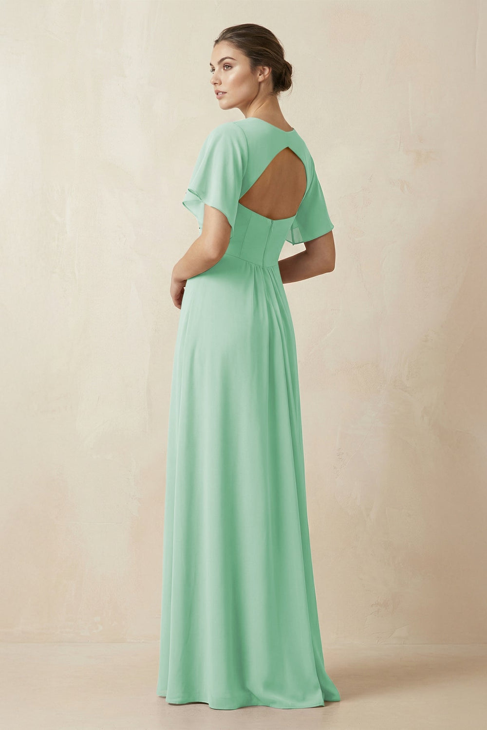Short Sleeve V - Neck Chiffon A - Line Bridesmaid Dress in Pale Pistachio - KISS BRIDAL Bridesmaid Dresses
