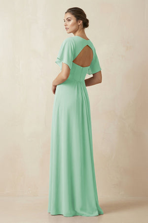 Short Sleeve V - Neck Chiffon A - Line Bridesmaid Dress in Pale Pistachio - SHE IS ME Bridesmaid Dresses