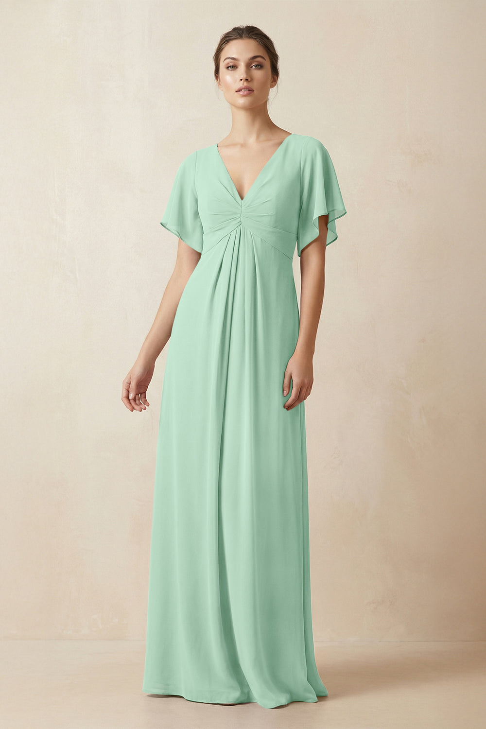 Short Sleeve V-Neck Chiffon A-Line Bridesmaid Dress in Pale Pistachio