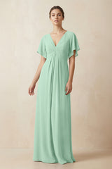 Short Sleeve V-Neck Chiffon A-Line Bridesmaid Dress in Pale Pistachio | KISSBRIDAL