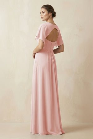 Short Sleeve V-Neck Chiffon A-Line Bridesmaid Dress in Rose Petal (2) | KISSBRIDAL