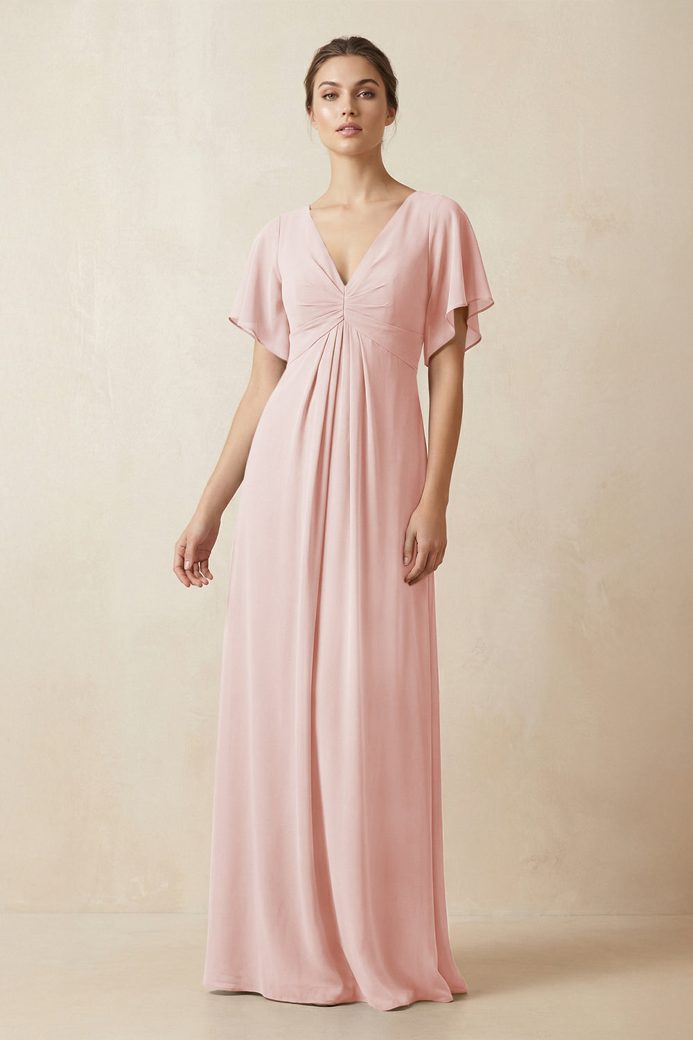 Short Sleeve V-Neck Chiffon A-Line Bridesmaid Dress in Rose Petal