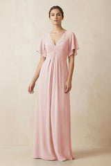 Short Sleeve V-Neck Chiffon A-Line Bridesmaid Dress in Rose Petal | KISSBRIDAL