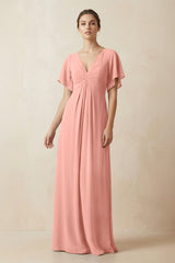 Short Sleeve V-Neck Chiffon A-Line Bridesmaid Dress in Rosette | KISSBRIDAL