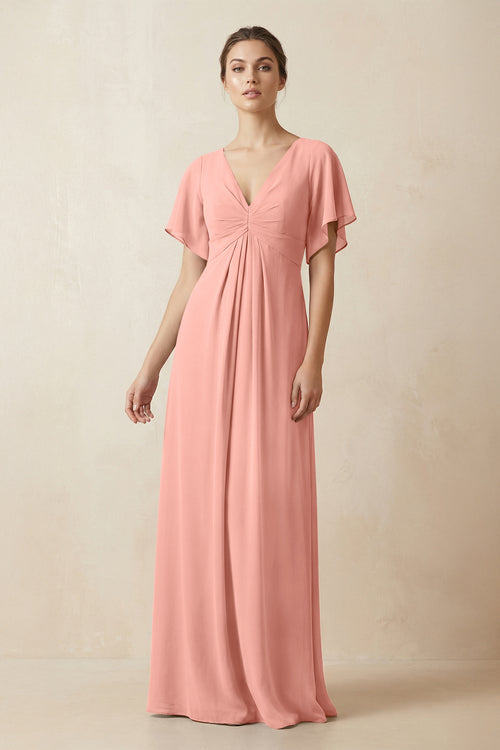 Short Sleeve V-Neck Chiffon A-Line Bridesmaid Dress in Rosette | KISSBRIDAL