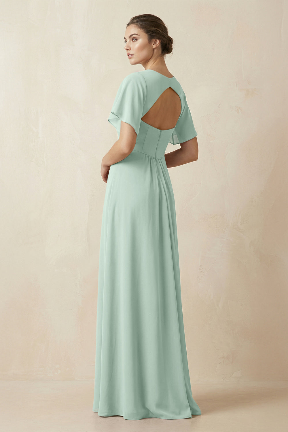 Short Sleeve V-Neck Chiffon A-Line Bridesmaid Dress in Sage