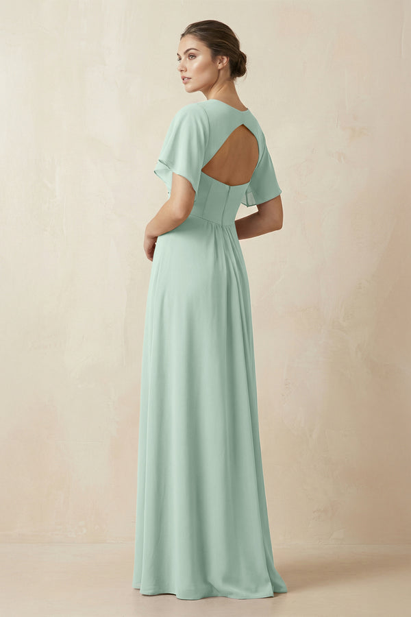 Short Sleeve V-Neck Chiffon A-Line Bridesmaid Dress in Sage (2) | KISSBRIDAL