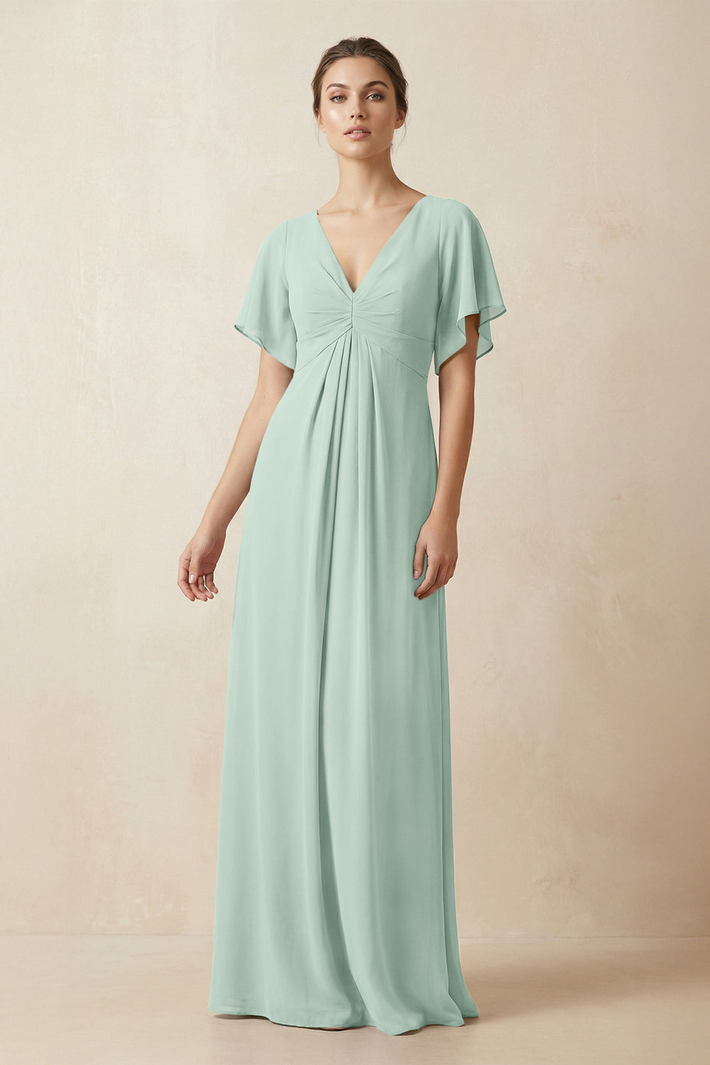 Short Sleeve V-Neck Chiffon A-Line Bridesmaid Dress in Sage