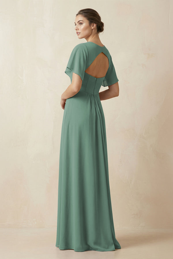Short Sleeve V-Neck Chiffon A-Line Bridesmaid Dress in Sea Glass (2) | KISSBRIDAL