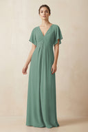 Short Sleeve V-Neck Chiffon A-Line Bridesmaid Dress in Sea Glass | KISSBRIDAL