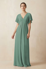 Short Sleeve V-Neck Chiffon A-Line Bridesmaid Dress in Sea Glass | KISSBRIDAL