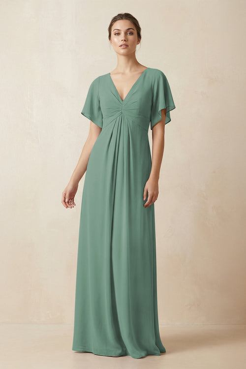 Short Sleeve V-Neck Chiffon A-Line Bridesmaid Dress in Sea Glass | KISSBRIDAL