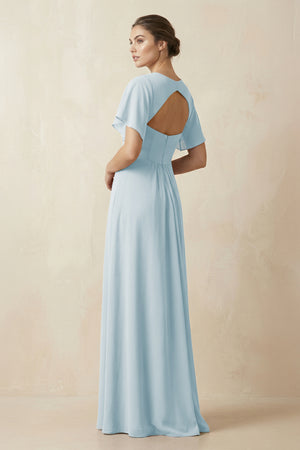 Short Sleeve V-Neck Chiffon A-Line Bridesmaid Dress in Sky Blue (2) | KISSBRIDAL