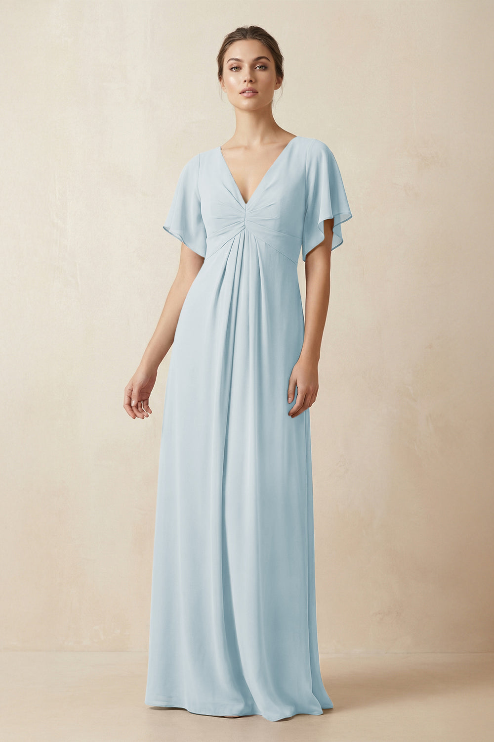 Short Sleeve V-Neck Chiffon A-Line Bridesmaid Dress in Sky Blue
