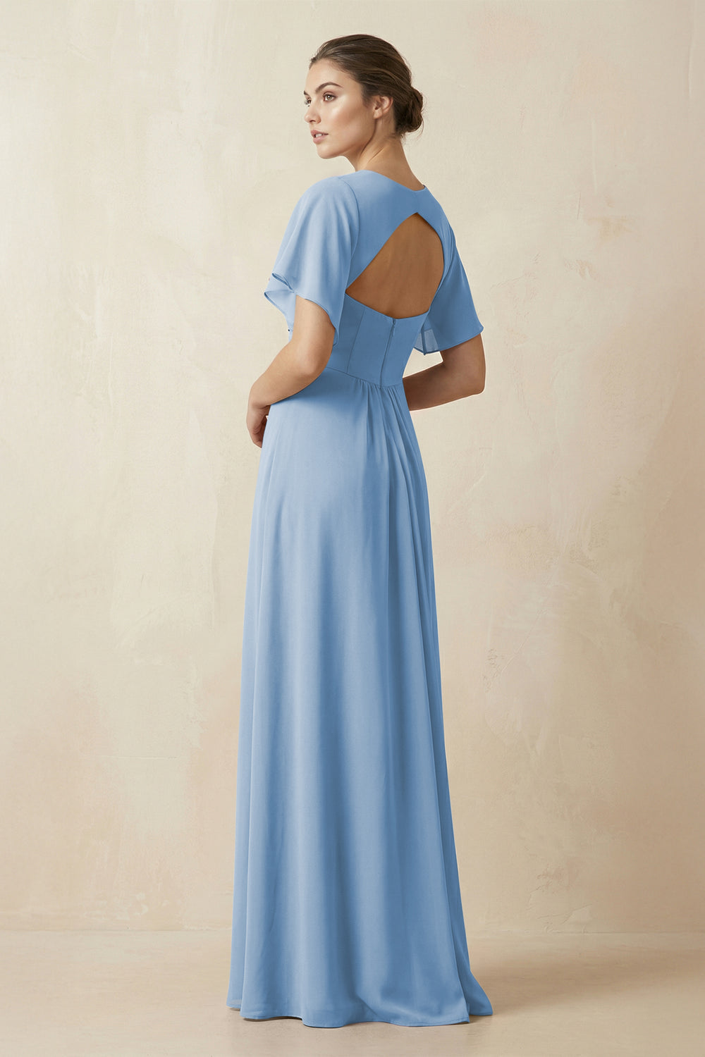 Short Sleeve V-Neck Chiffon A-Line Bridesmaid Dress in Steel Blue